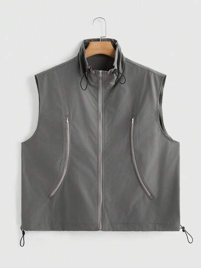 Street Life Chaleco de hombre casual de color liso con cordón y cuello alto