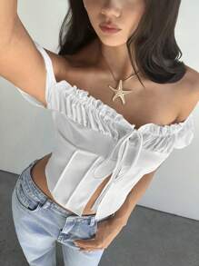 Aloruh Women's White Elegant Summer Vacation Holiday Off Shoulder Short Sleeve Blouse,Minimalist Fashionable Spring Crop Top Business Casual Y2k - White - View 7