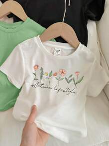 SHEIN Leap Crew 青少年女孩休闲简约卡通图案多件装 T 恤，适合夏季 - 彩色 - 查看 3