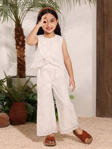 SHEIN 2pcs Set: Young Girl Embroidered Ruffle Hem Sleeveless Top And Pants - White - View 4