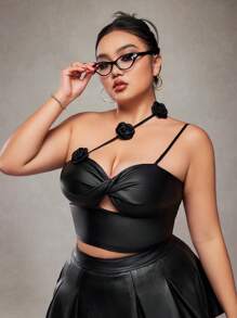 SHEIN ICON Plus Size Black Elastic Knit Front Twist Tank Top For Women, 3D Floral Decor Tank Top