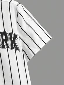 SHEIN 青少年男孩休闲条纹字母印花短袖衬衫