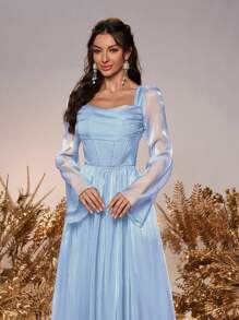 SHEIN Belle Váy Maxi dài tay màu xám-xanh lá cây thanh lịch & sang trọng, cổ xếp nếp, eo cao, viền thấp, thích hợp cho đám cưới, tiệc đơn, kỳ nghỉ, phù dâu (người lớn) - Màu xanh nhạt - Xem 4