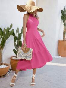 Aveloria Sleeveless Simple Solid Color Dress, Fashionable For Summer  Old Money Style For Spring Fall - Red - View 4