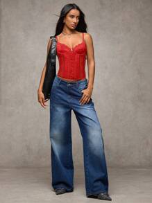 SHEIN BAE 女士性感蕾丝吊带背心，音乐会，女士高街百搭蕾丝，适合约会之夜、狂欢派对、生日派对、派对装扮、外出、圣诞节 - 紅色 - 查看 3