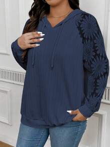INAWLY Plus Size Women White Hooded Pullover Sweatshirt With Lace Trim, Autumn Graduation,Back To School,Graduation,Teacher,Back To School Fall Winter - Navy Blue - View 3