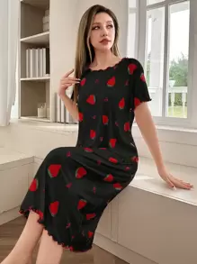 SHEIN 女士圆领休闲草莓心形印花短袖睡袍，Moo Moo - 彩色 - 查看 3