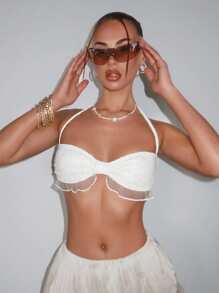 SHEIN ICON Áo yếm cổ yếm bèo nhún nơ thắt nơ - trắng - Xem 6