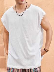 Manfinity VCAY Men's Casual Woven Loose Solid Color Short Sleeve T-Shirt - White - View 5