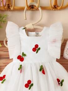 SHEIN Glamorique Kids 女婴粉色金属草莓和薄纱泡泡袖连衣裙，流行款式 - 白色 - 查看 6