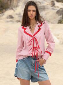 SHEIN Unity Romantic Striped Casual Versatile Collared Contrast Ruffle Hem Bowknot Front Long Sleeve Shirt Fall Cloth For Women - Multicolor - View 3