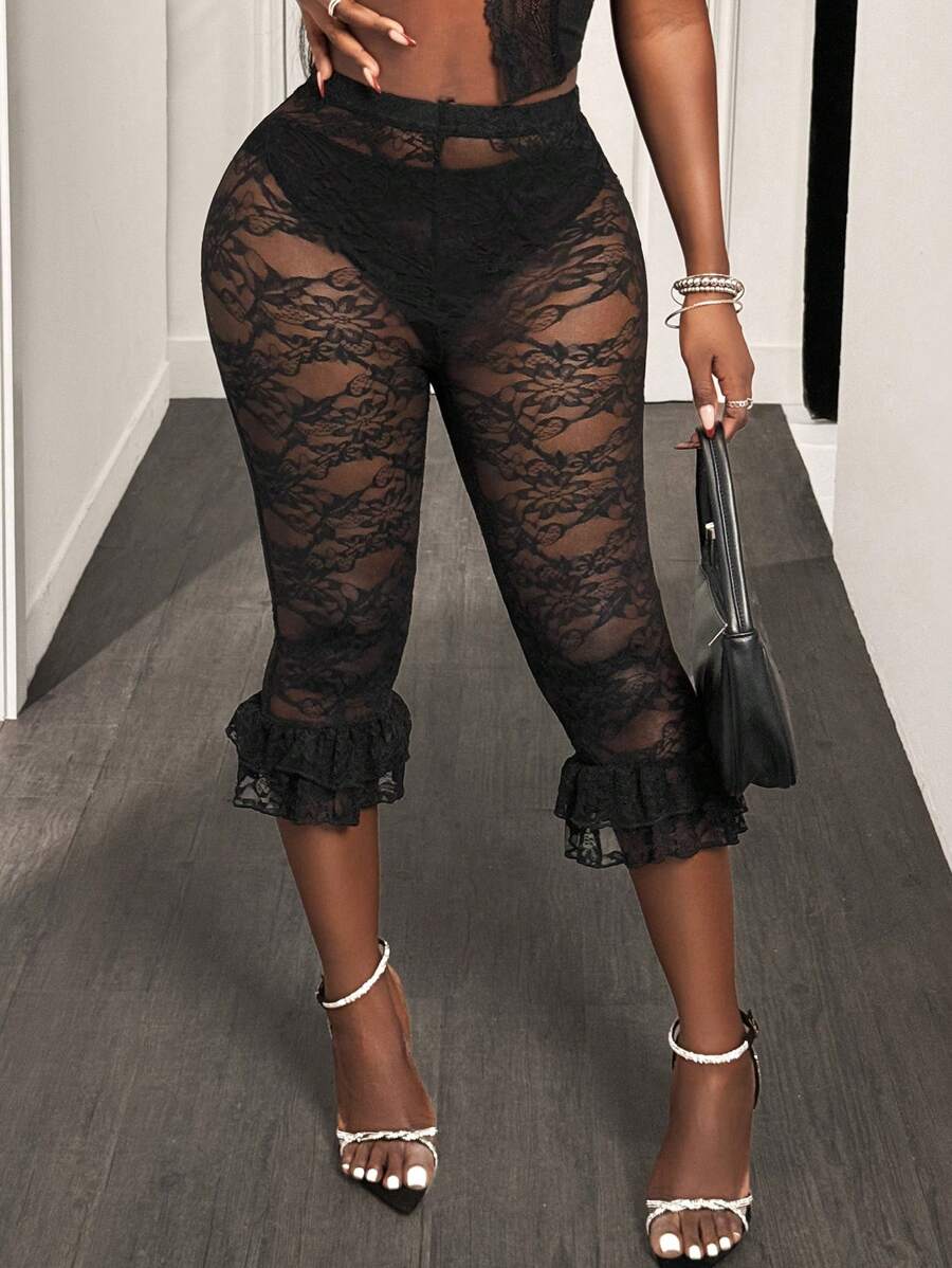 BamGleam Quần legging ren xuyên thấu màu trơn cho nữ - màu đen - Xem 1