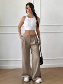 SHEIN LUNE Women's Ultra Low Rise Slimming Simple Style Trousers - Camel - View 1