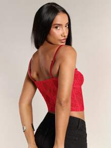 SHEIN BAE White & Black Contrast Color Floral Trim Short Spaghetti Strap Crop Top, Versatile Daily Wear - Red - View 2