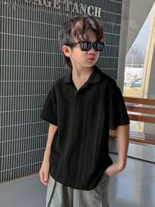 SHEIN 適合青少年男孩穿著的純色短袖polo衫 - 黑色 - 查看 4