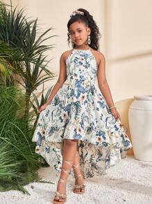 SHEIN Tween 女童优雅简约吊带花卉印花无袖连衣裙 - 杏色 - 查看 2