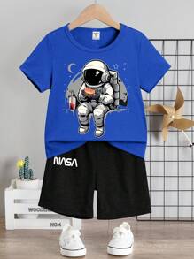 SHEIN Leap Crew 2pcs/Set Young Boy Casual Simple Short Sleeve T-Shirt And Shorts Set, Suitable For Summer - Multicolor - View 1