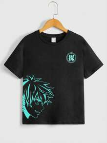 SHEIN Camiseta de manga corta con estampado de personaje reflectante y letras para niño preadolescente, uso casual de todos los días para verano
