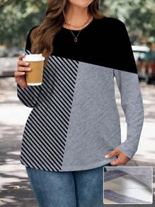 EMERY ROSE Plus Size Women's Casual Round Neck Form-Fitting Long Sleeve T-Shirt, Suitable For Autumn And Winter - Black - View 1
