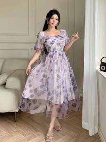 DAZY Women Mid-Calf V-Neck Pleated Rose Floral Print Casual Dress, Summer Boho Vacation Outfits Women - Mauve Purple - View 3