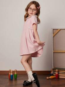Blossori Young Girls' Pink Woven Decorative Button Collar Dress, Spring/Summer - Pink - View 4