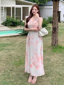 DAZY Floral Ruffle Trim Split Mid-Length Dress For Women Maxi Dress Vacation Outfits Women - Orange - View 3