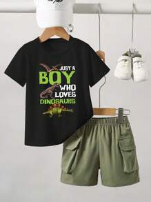 Young Boy Letter & Dinosaur Print Short Sleeve T-Shirt And Cargo Pocket Set - Black - View 2