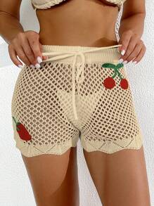 SHEIN Swim Abito copricostume estivo da donna in maglia e con shorts, decorato con ciliegie e con lavorazione traforata