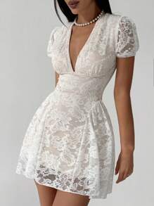 Firerie 优雅浪漫 V 领泡泡袖蕾丝迷你连衣裙，适合婚礼、约会之夜、春夏季 - 白色 - 查看 3
