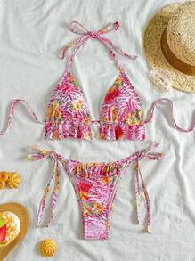 Soleia 女式度假彩色扎染斑马纹和花卉印花露背挂脖褶皱拼布海滩比基尼套装 - 彩色 - 查看 1