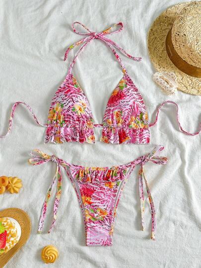 Soleia 女式度假彩色扎染斑马纹和花卉印花露背挂脖褶皱拼布海滩比基尼套装