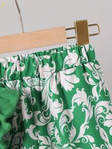 2 件套年轻女孩盖袖上衣和印花直筒裤套装，适合度假、外出和家居穿着 - 綠色 - 查看 4