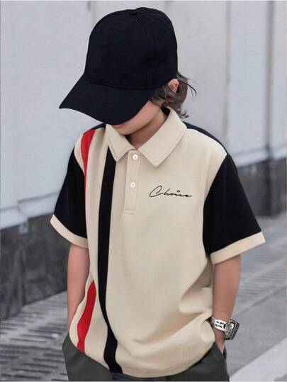 SHEIN 青少年男孩休闲彩色字母图案短袖 Polo 衫，夏季