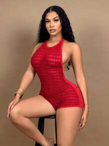 SHEIN SXY Bộ đồ liền thân hở lưng gợi cảm cổ yếm dành cho nữ - Đỏ - Xem 5