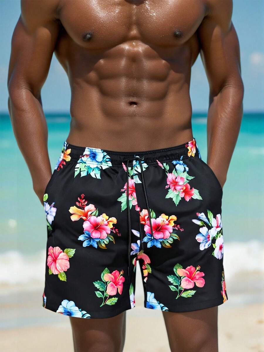 Manfinity Swimmode 男士花卉印花系带休闲沙滩短裤，休闲度假男士泳裤短裤男士花卉男士泳裤男士配套泳裤男士夏季服装男士短裤三角衬里男女通用春假男士泳裤