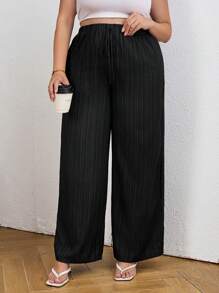 SHEIN Tall CURVE Pantalones capri anchos de verano informales con textura talla grande - Negro - Ver 5