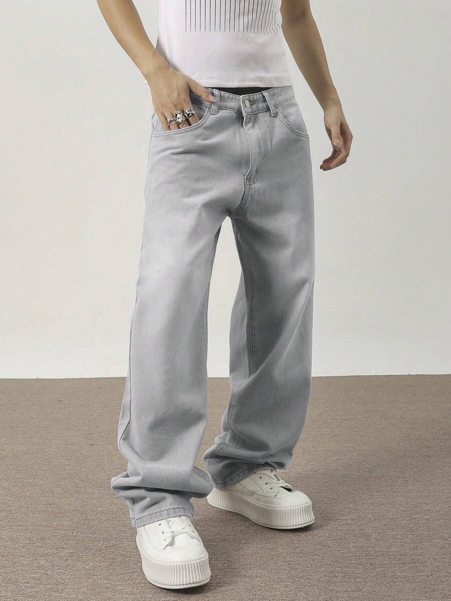 Chillumni Men Slant Pocket Wide Leg Jeans Simple Fashion - Grey - View 1