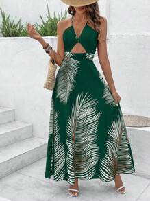 Breezaya Đầm Maxi hở lưng in họa tiết lá trang phục đi biển cho nữ - Màu xanh lá cây đậm - Xem 5