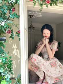 Đầm ngắn họa tiết hoa nhỏ nhắn cho nữ, eo thắt nơ, màu tương phản, xếp nếp - Nhiều màu - Xem 7