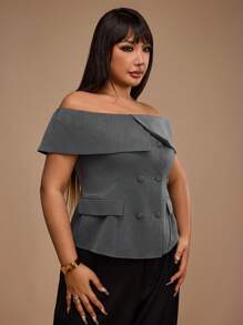 Forever 21 Plus Size Women Fairy Off Shoulder Lapel Blouse, Simple Commuting Office Wear, Spring - Grey - View 4