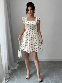 Elenzga Women Bow Print Ruffle Trim Short Dress Suitable For Summer - Apricot - View 5