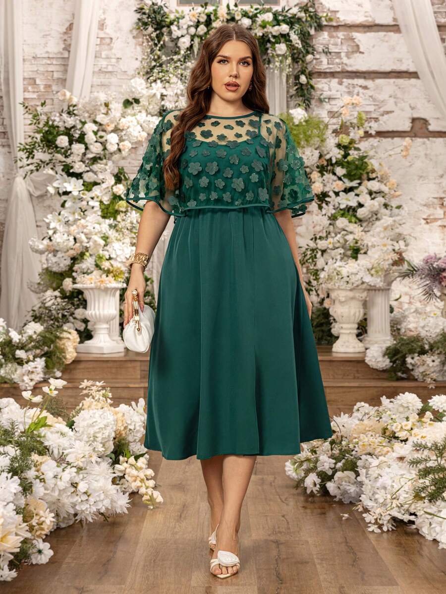 SHEIN Clasi Plus Size Women Valentine's Day Green Mesh Jacquard Camisole Dress Two-Piece Set, Elegant Summer Outfits For Women, Suitable For St. Patrick's Day, Rave, Festival, Spring Break, Boho - Dark Green - View 1