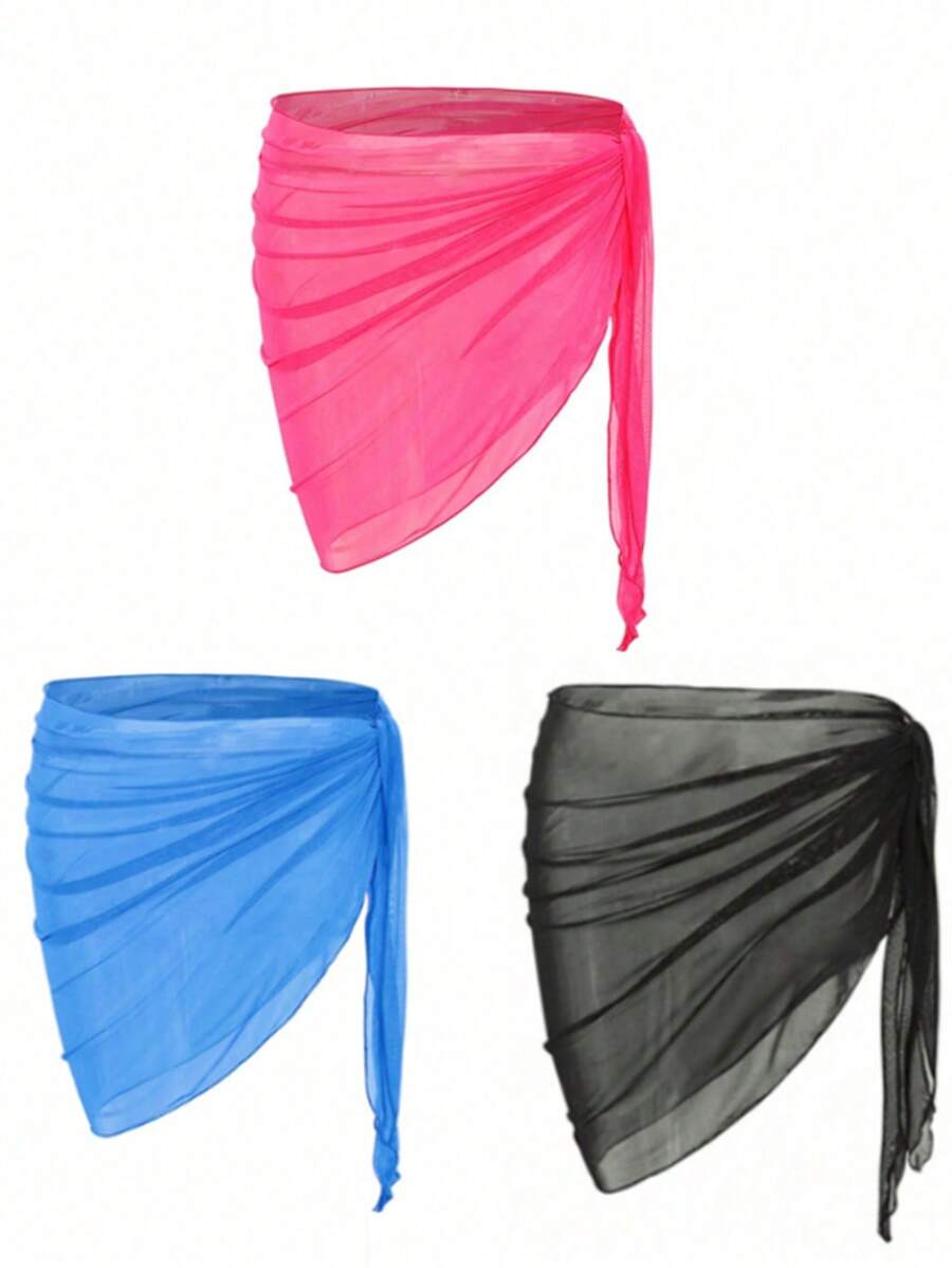 SHEIN Swim 3pcs/Set Women Solid Color Cover-Up & Sarong Combo - Multicolor - View 1