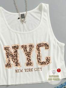 SHEIN EZwear 女士休闲宽松超大 U 领短款无袖上衣，纽约印花和豹纹图案 - 白色 - 查看 5