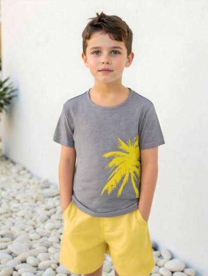 SHEIN Leap Crew 2pcs/Set Young Boy Casual Comfortable Simple Coconut Tree Print T-Shirt And Shorts