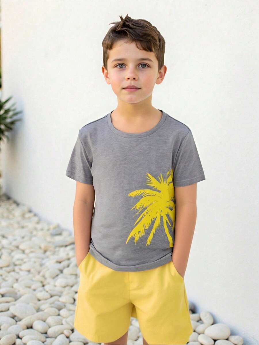 SHEIN Leap Crew Bộ 2 áo thun in hình cây dừa đơn giản thoải mái cho bé trai và quần short - Nhiều màu - Xem 1