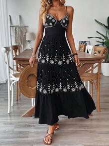 Chiquease Vestido de tiras con empalmado de lazo y bordado, estilo bohemio de vacaciones, para mujer