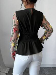 Elenzga 2025 Romantic Early Spring Mesh Embroidered Hollowed-Out Patchwork Ruched Waist Elegant Long Sleeve Blouse - Black - View 2