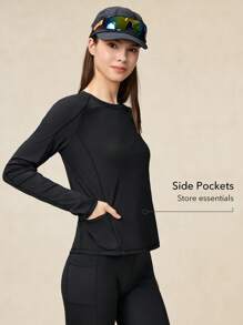 OutZeal 防晒 UPF50+ 凉爽防晒圆领口袋长袖 T 恤女式健身上衣 - 黑色 - 查看 3