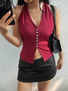 SHEIN Unity 女士休闲红色背心和吊带背心。 - 酒紅色 - 查看 5